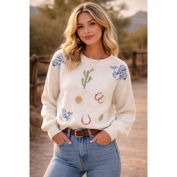 blue b Sweaters - Blue B Women's Embroidered Conversation Print Sweaterwhite knit western-themed